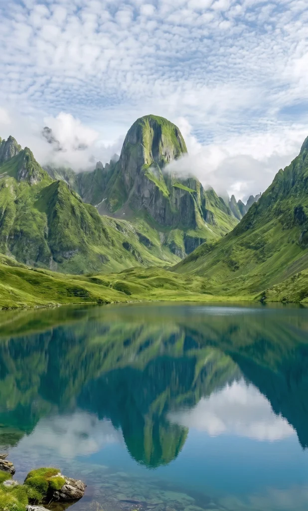 Beautiful green mountain HD mobile wallpaper showing a misty rocky peak, green valley, and reflective lake