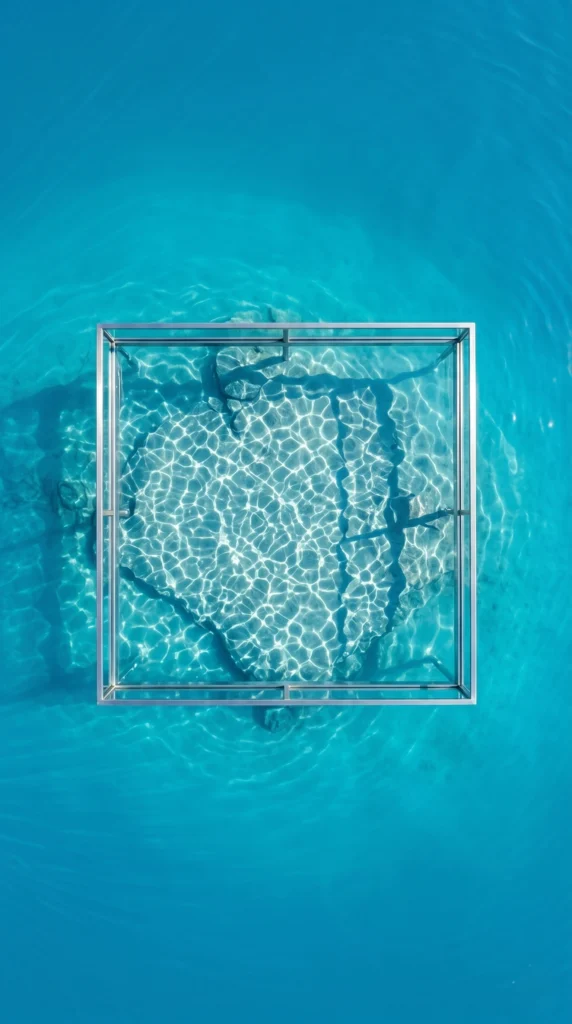 Ultra-realistic aerial view of a blue crystal lake with calm turquoise water and a floating glass platform, cinematic nature wallpaper in high detail.